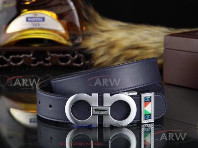 AAA Replica Cheap Ferragamo Dark Blue Smooth Belt - Double Gancini Buckle